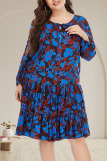 Loose plus size dress in blue-brown floral print