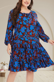 Loose plus size dress in blue-brown floral print