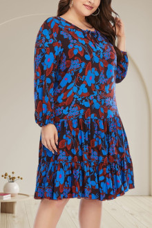 Loose plus size dress in blue-brown floral print