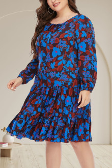 Loose plus size dress in blue-brown floral print