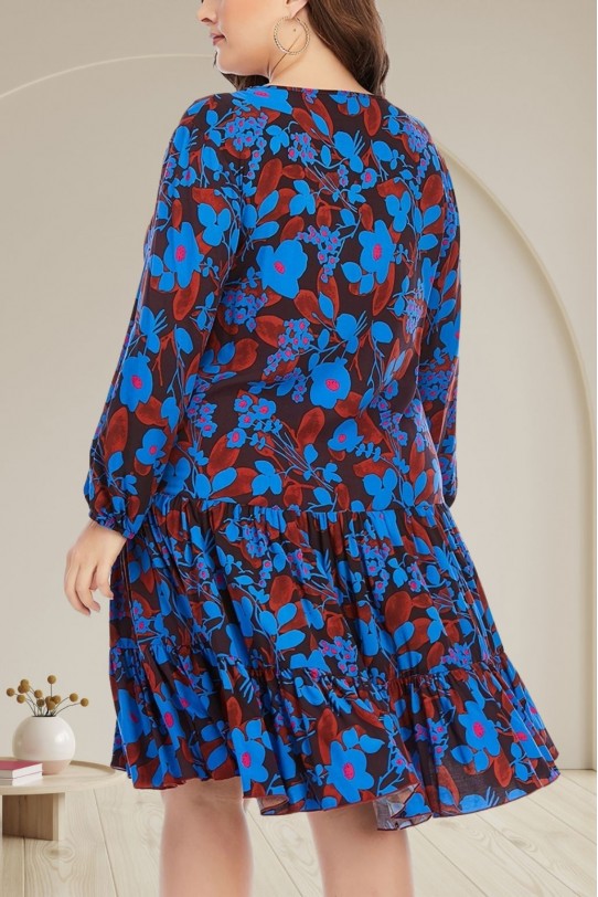 Свободна макси рокля в синьо-кафяв флорален принт