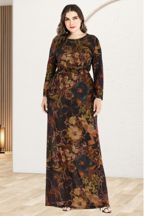 Long plus size dress in brown tones and floral print