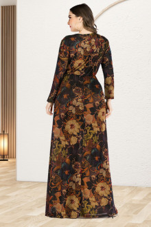 Long plus size dress in brown tones and floral print