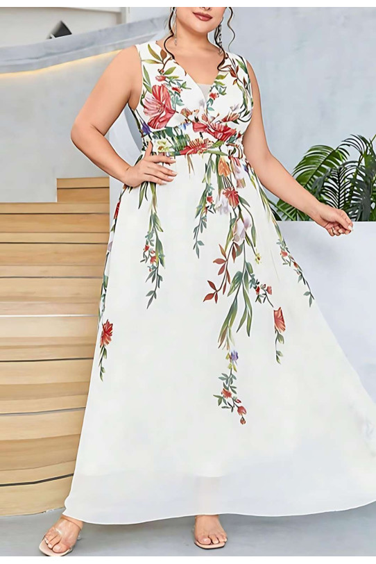 Elegant white plus size dress with floral print