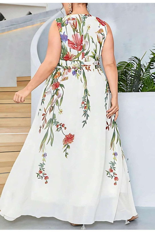 Elegant white plus size dress with floral print