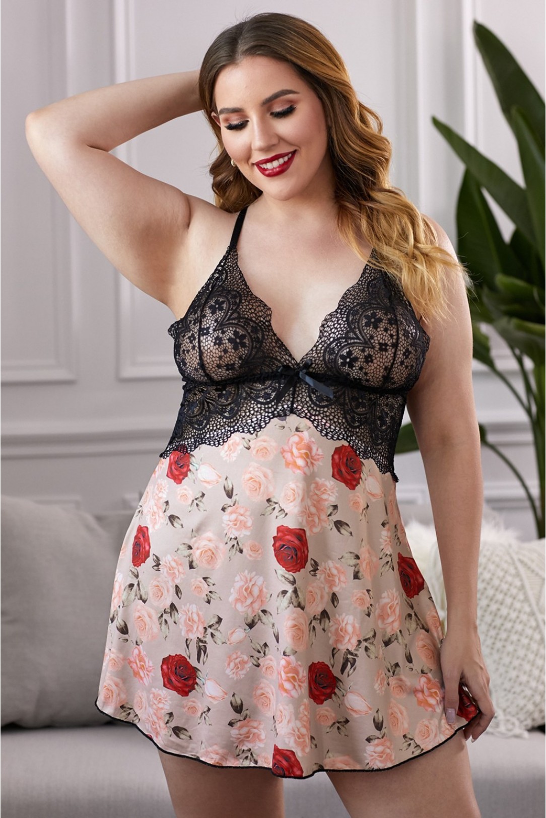 Pink Plus Size Floral Babydoll Sexy Lingerie 