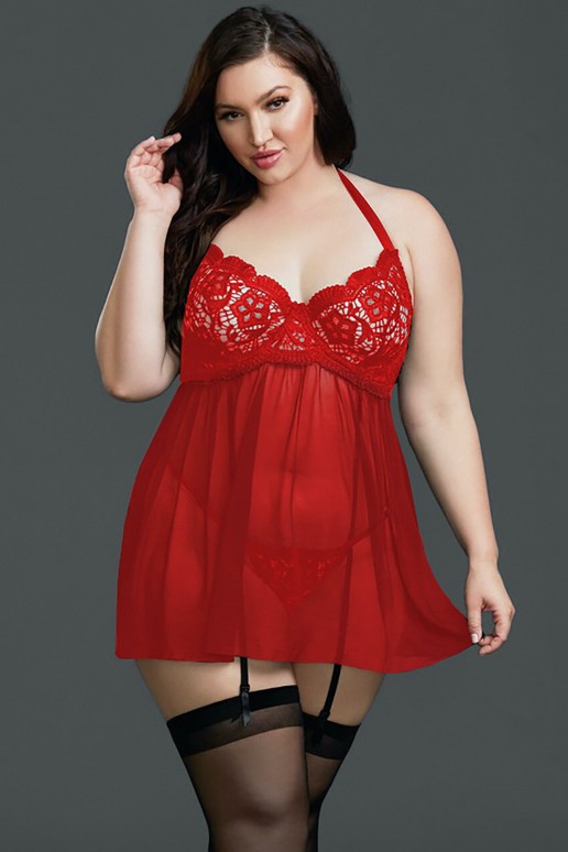 Red Plus Size Venice Embroidery Lace Babydoll