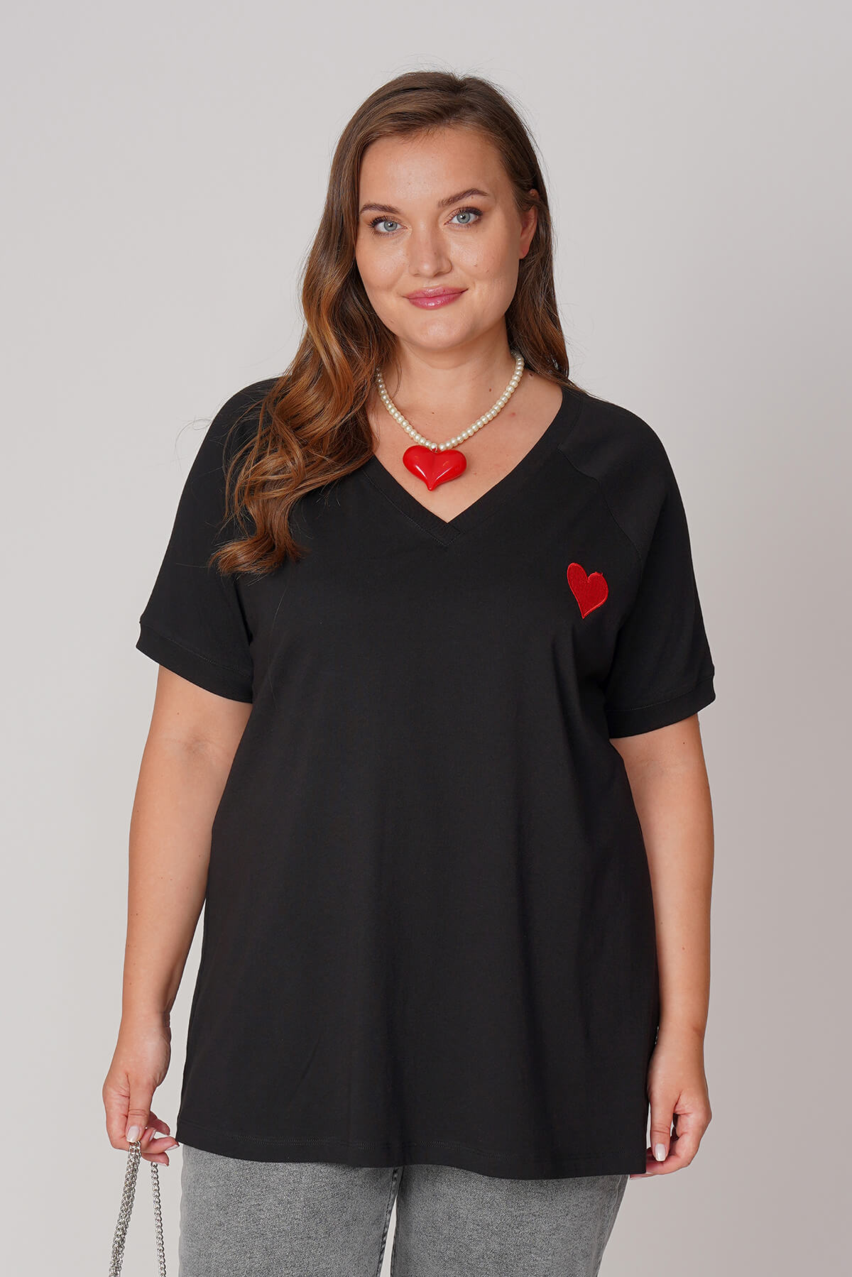 Short sleeve cotton black plus size blouse with embroidered heart