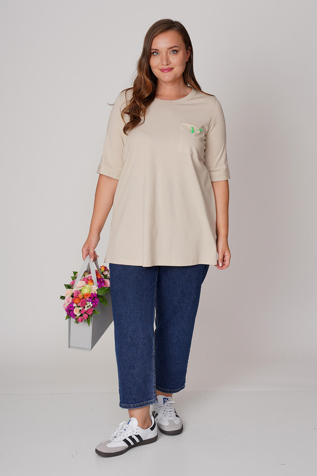 Cotton beige plus size blouse with pocket