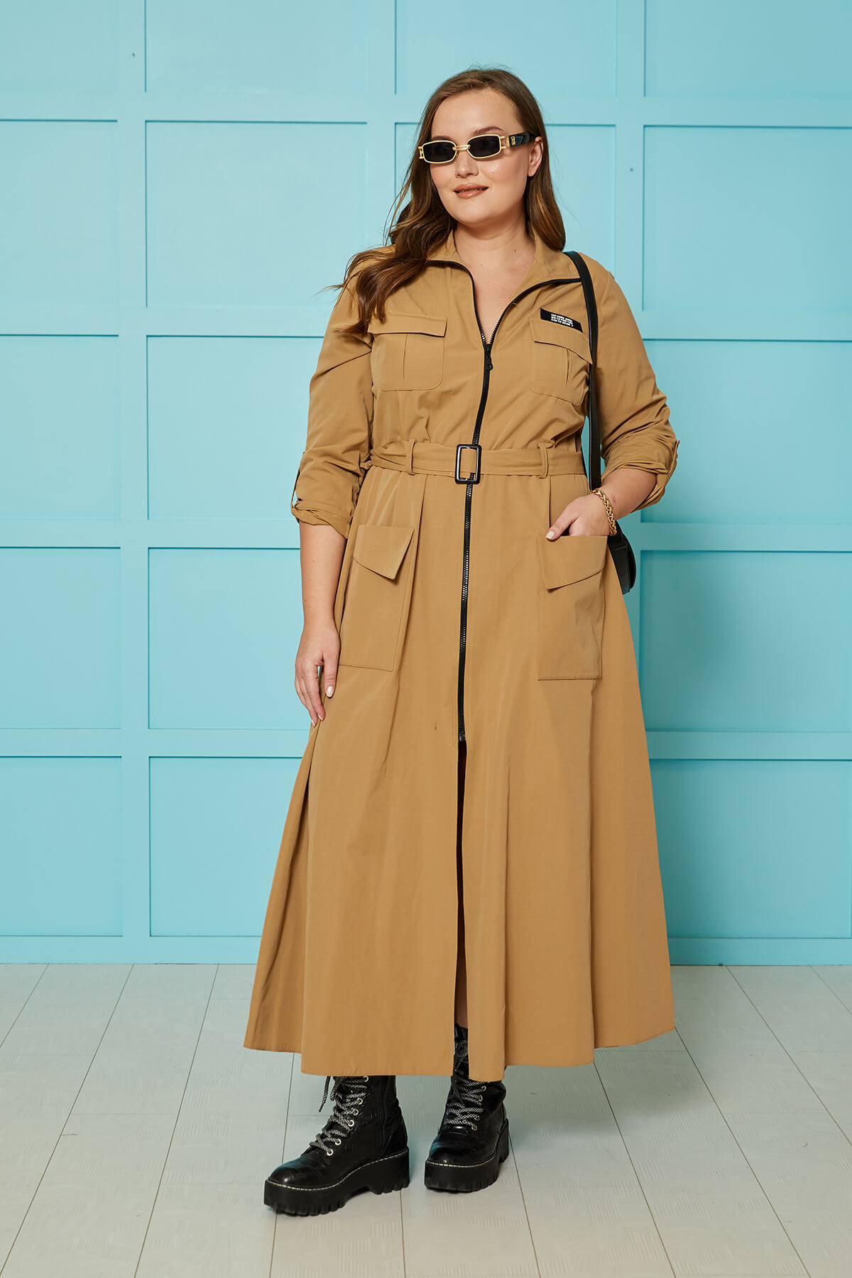 Long plus size trench coat in warm caramel color