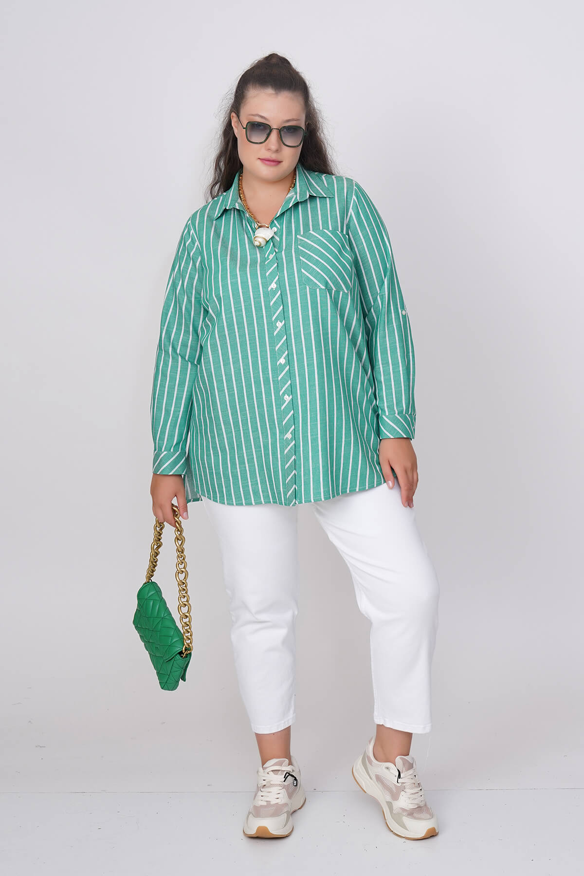 Cotton green shirt with thin white stripe