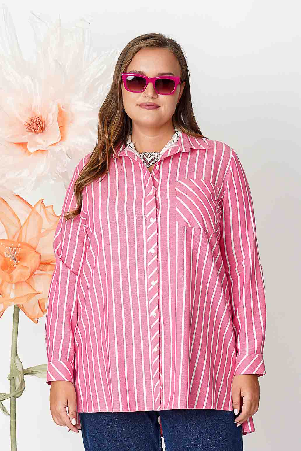 Cotton pink shirt with thin white stripe